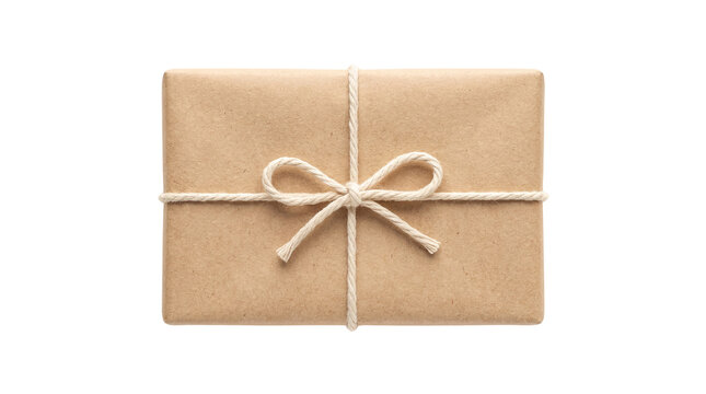 Brown Kraft Paper Package Tied with String Bow, Isolated on White Background