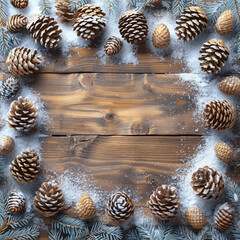 Winter Pine Cones and Fir Branches Vector Frame on Wood