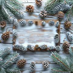 Christmas Pine Cones and Snow Covered Branches Vector Frame