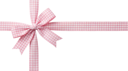 Isolated Pink Gingham Ribbon Bow for Gift Decoration on White Background
