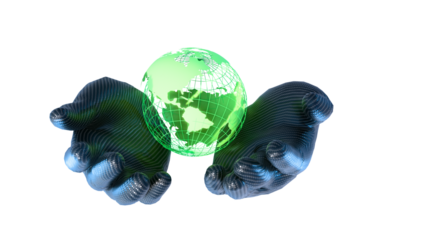 Futuristic carbon cyborg hand gently holding digital wireframe Earth - Global network and AI technology concept created by 3D modeling.