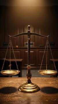 Justice scale symbol on wooden table in courtroom