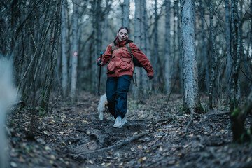 A woman hiker in a red jacket walks a forest trail with a backpack and trekking poles. A calm woodland scene shows a lone hiker enjoying nature.