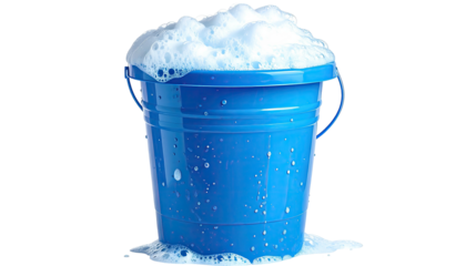 Blue pail overflowing with bubbly white suds, on black background