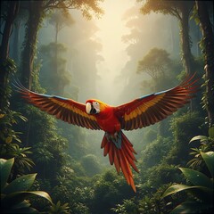 Scarlet Macaw Flying Jungle Canopy Tropical Parrot Bird Avian Wildlife Rainforest Nature Environment