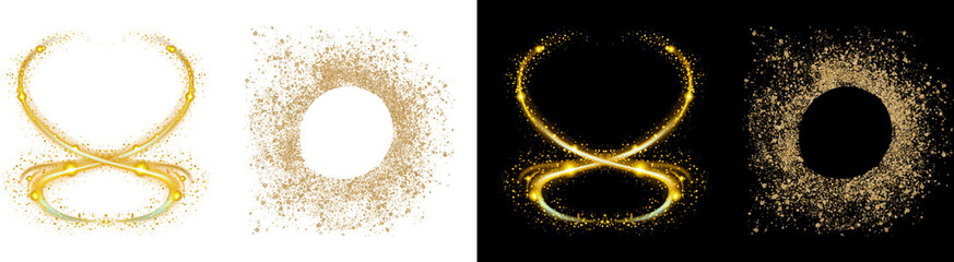 PNG image of&nbsp;Collection of glowing golden frames and glitter circle overlays for abstract design elements on transparent background