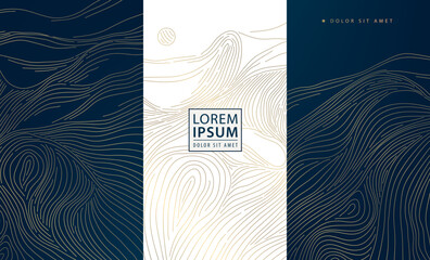 Luxury abstract wave pattern, elegant gold lines, Japanese design, flow sea texture. Premium vector background, wine, cosmetic packaging, chocolate labels, modern wallpapers.