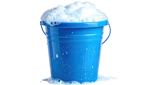 Blue pail overflowing with bubbly white suds, on black background