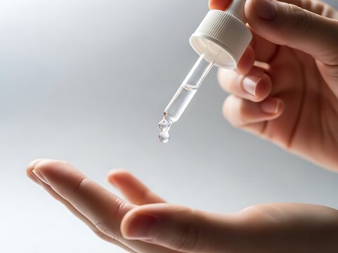 Closeup of a hand holding a glass dropper dispensing a single drop of clear liquid serum or cosmetic oil onto the palm of another hand