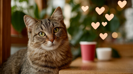 Cute cat resting near coffee cup. A cat relaxes on a wooden table close to a red coffee cup with hearts in the background.