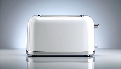 Minimal white toaster on reflective surface with rounded edges and modern design.
