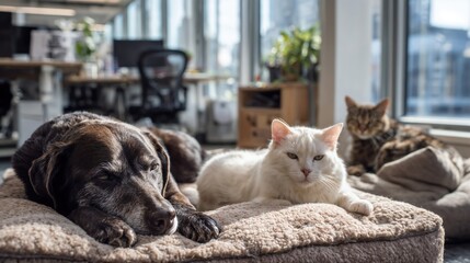 Dog and two cats rest together on cozy bed in sunlit modern living room with plants showing peaceful domestic pet companionship