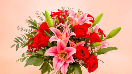 Beautiful bouquet of pink lilies and red roses with green foliage.