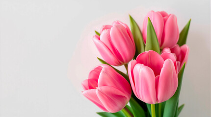 Naklejka premium Beautiful bouquet of fresh pink tulips on a plain white background.