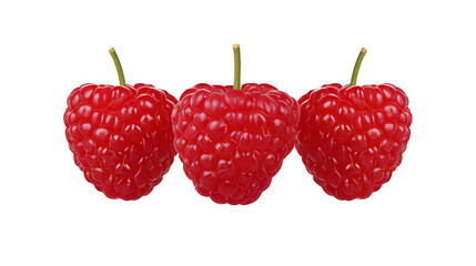 Three fresh raspberry fruits with vibrant red color, isolated on transparency background, showing detailed texture and juicy appearance, perfect for healthy eating and natural food concepts