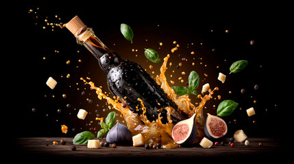 Naklejka premium Dark glass bottle of balsamic vinegar with cheese cubes, figs, basil leaves, and peppercorns splashing in dramatic gourmet composition