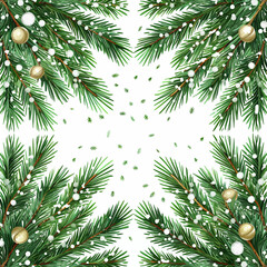 Christmas Fir Branches with Baubles and Snowflakes Vector Illustration