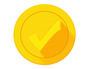 A golden coin with a checkmark, set against a solid black background