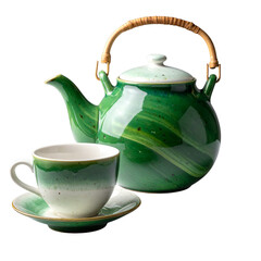 A ceramic tea set with teacups on a white background