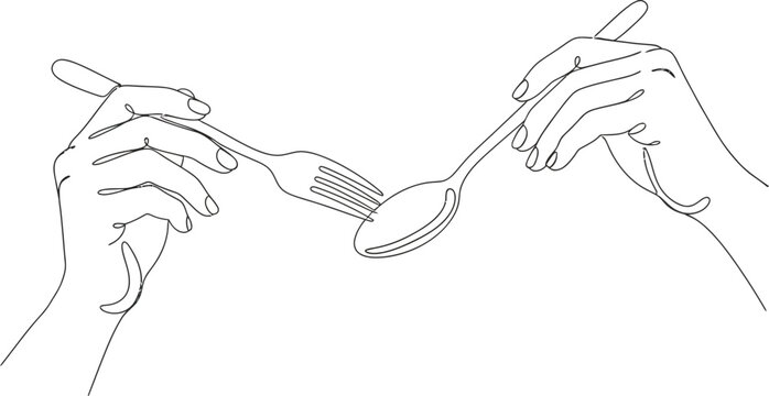 Hands holding fork and spoon line art
