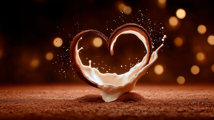 Chocolate heart formed with cocoa powder and milk splash on a brown background with glowing bokeh lights