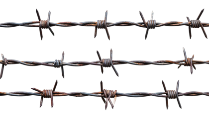 Close-up of three parallel strands of rusty barbed wire on black