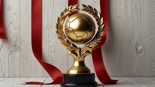 Golden soccer trophy award for a champion. Football prize with a laurel wreath and red ribbon. Victory and success in a sports competition