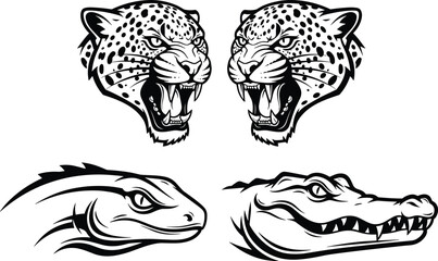 Fierce predator animal head illustration set, roaring leopard jaguar and reptile silhouettes, aggressive wildlife vector artwork, tattoo and mascot style black and white designs