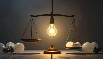 Glowing bulb suspended on balance scale amid unlit bulbs, symbolizing idea weight and innovation.