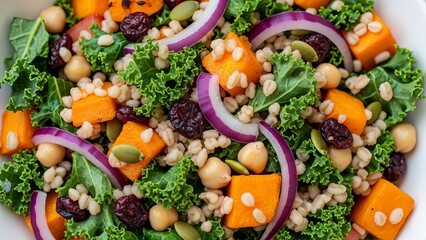Vibrant close up of a healthy kale salad featuring roasted butternut squash chickpeas grains and red onion slices