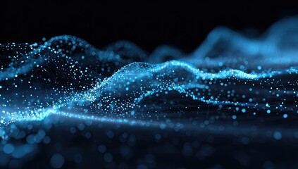 A mesmerizing digital artwork featuring a luminous wave of interconnected, glowing particles
