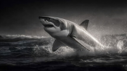 Naklejka premium Shark leaps from ocean at dusk. A shark leaps out of ocean waves while splashing water. The sky shows the colors of sunset in the background.