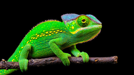Fototapeta premium A green lizard sits on a thin branch. A green lizard sits on a thin branch. The background is dark. The lizard has colorful features and scales.