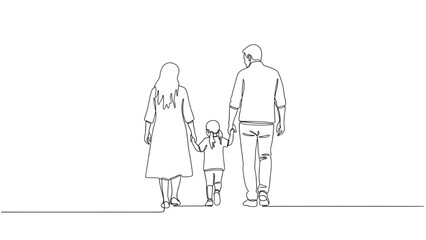 Family of three holding hands in minimalist line art with simple white background for family bonding illustration