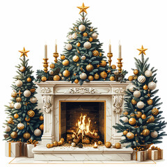 Christmas Fireplace Vector Illustration with Decorated Trees and Festive Lights