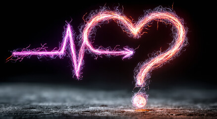 Heart and pulse line with question mark. A heart shape and pulse line merge with a question mark, symbolizing health and uncertainty.