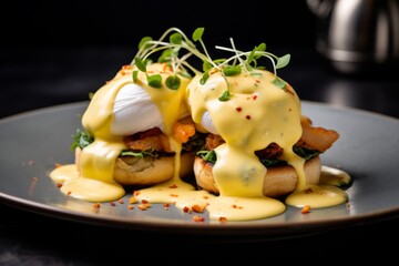 Delicious eggs benedict with creamy hollandaise sauce garnished with microgreens on a dark background