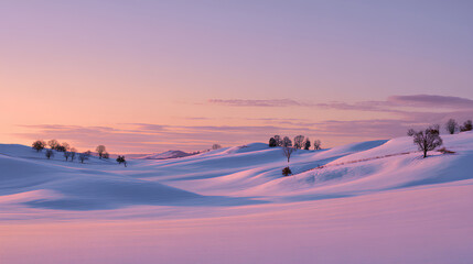 Winter sunrise over snowy hills with soft pastel sky casting warm light on the serene snow-covered landscape
