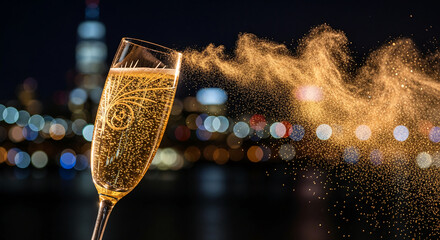 Glass of sparkling drink with golden bubbles, against a blurred city skyline, representing celebration, luxury, and festive occasion