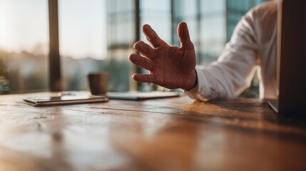 Business person gesturing during a conversation in a modern office setting at sunset