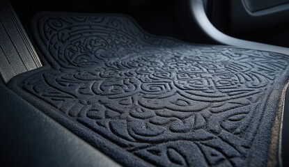 Close-up of intricately patterned black floor mat inside a car. Detailed design, perspective