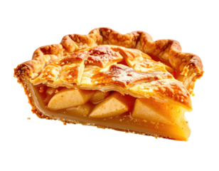 Golden-crusted slice of apple pie, revealing a sweet, fruity filling
