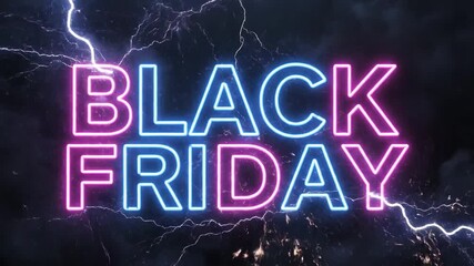 Black Friday Neon Sign with Electric Lightning Strikes for Sales and Discounts.