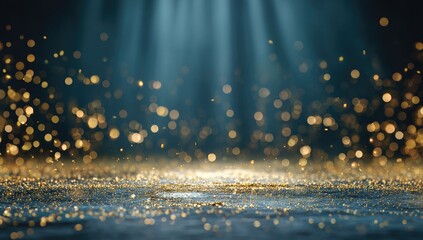 Soft focus image of a blue background with sparkling golden bokeh and overhead light rays