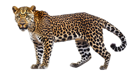 Isolated leopard with detailed spotted coat on pure white background walking forward with alert expression
