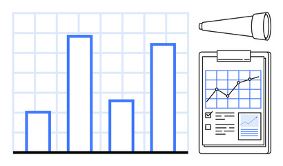 Financial analysis, market research, strategic planning, data visualization, business growth, forecasting. Bar graph, telescope and clipboard with charts. Financial analysis and market research