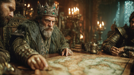 Medieval king with ornate crown and long beard studying ancient map in candlelit throne room surrounded by advisors and royal treasures