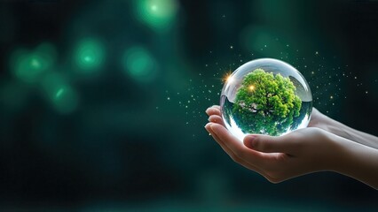 Hands holding a crystal globe with a vibrant green tree inside, symbolizing environmental protection and sustainability for Earth Day celebration and awareness