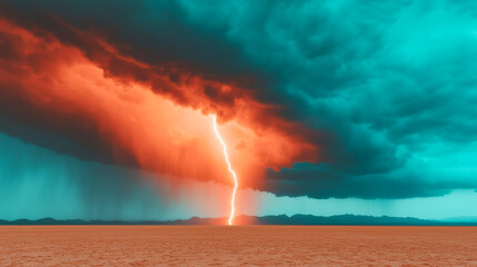 Lightning hits the ground in the desert. Lightning hits the ground in the desert. Dark clouds cover the sky. The scene shows the power of nature during a storm.