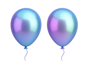 Two vibrant, iridescent balloons with long strings, isolated on black
